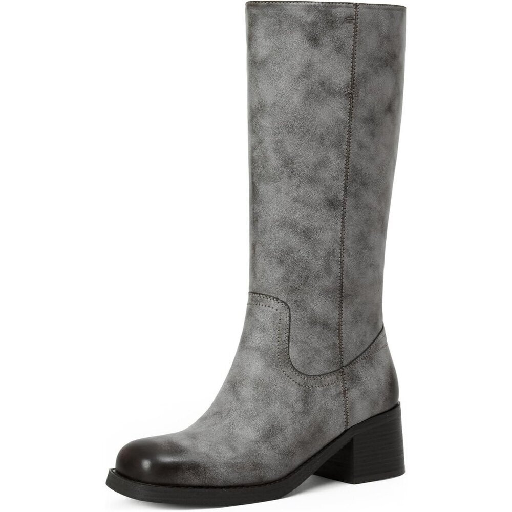 Women's Grey Mid Calf Boots Chunky Block Heel Square Toe Comfortable Casual